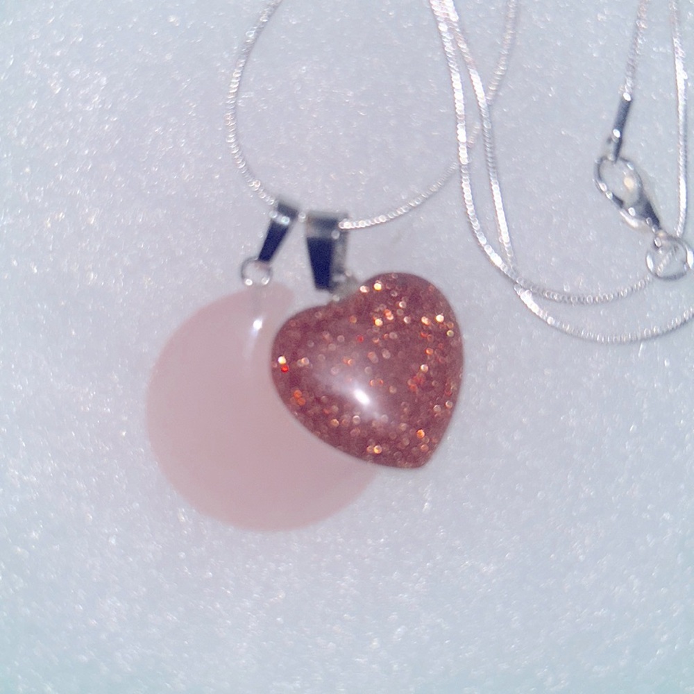 Boho hippie Rose Quartz Crystal Moon 🌙 and Goldstone Heart Sterling Silver Ne…